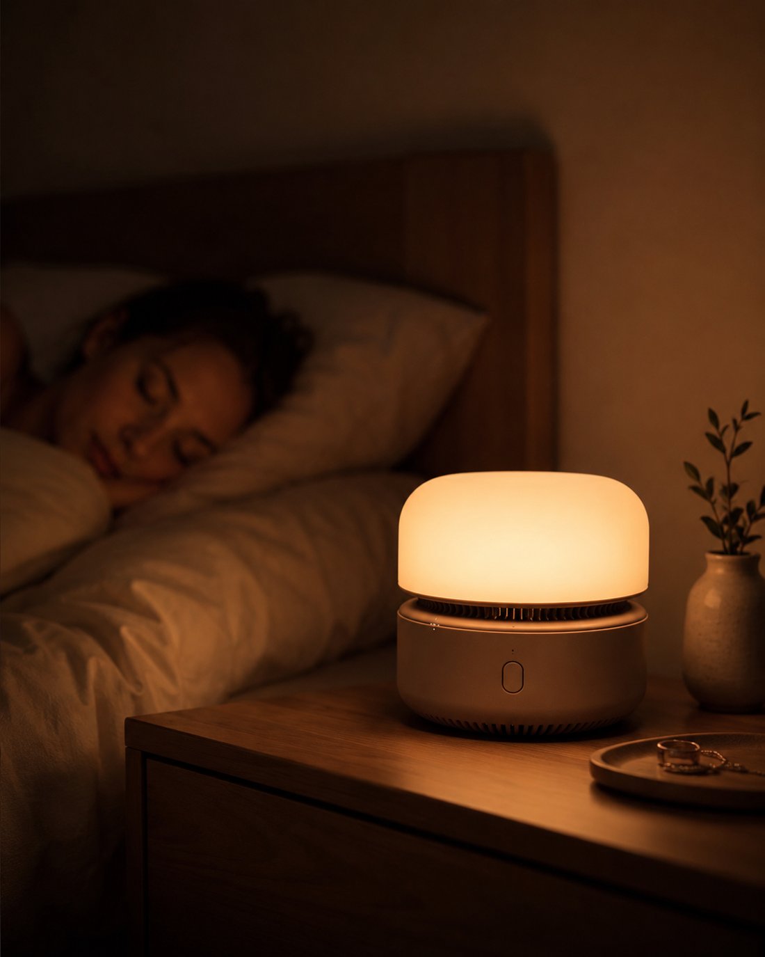 A softly glowing Northlight lamp beside a bed